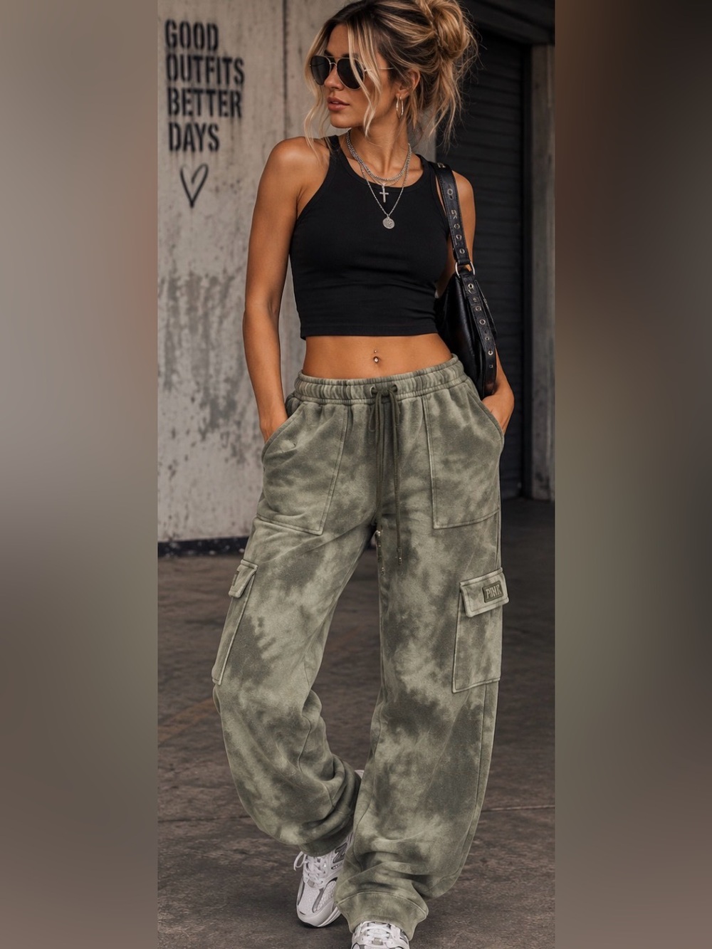 PINK Victoria’s Secret Olive Tie Dye Cargo Jogger Sweatpants XS